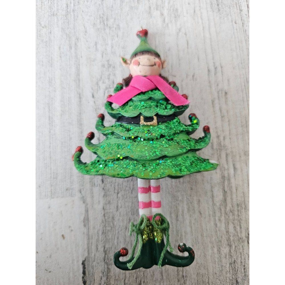 Elf tree‎ girl ornament unique AS IS Xmas green glitter striped